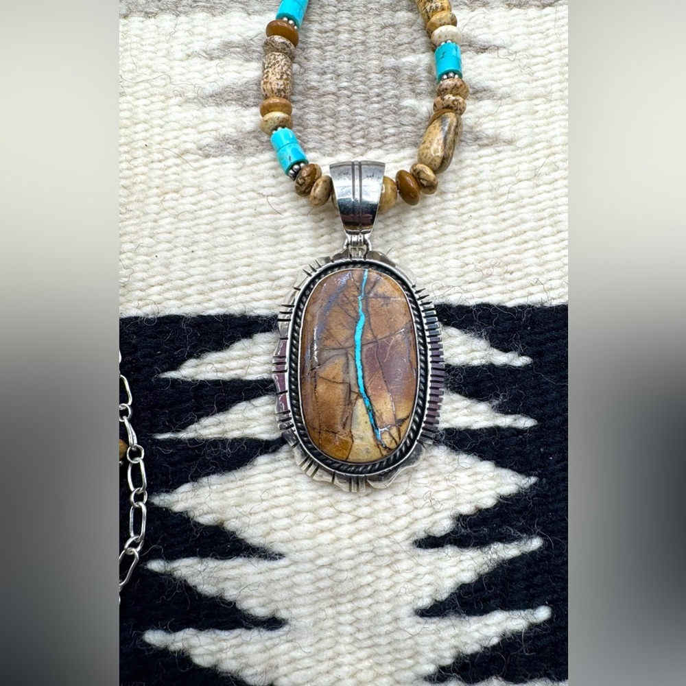 Native American Navajo Sterling Silver Turquoise Picture Jasper Beaded Necklace - Picture 4 of 5